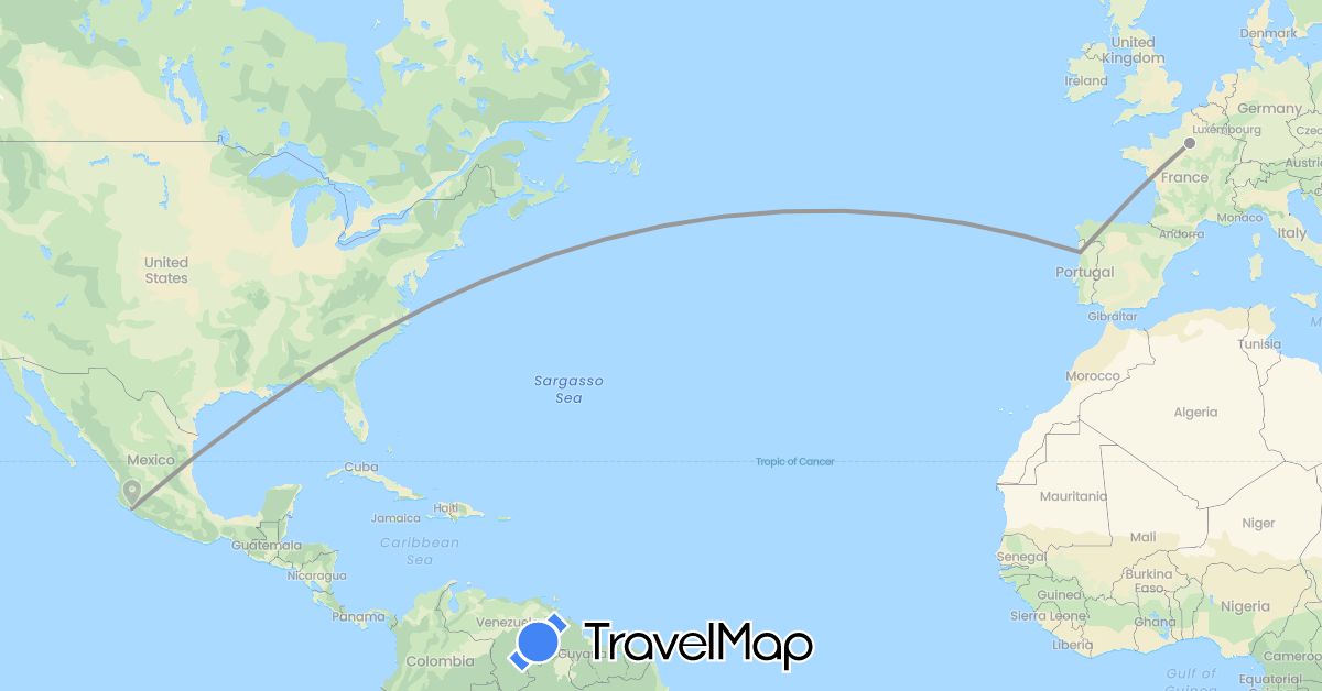 TravelMap itinerary: driving, plane in Spain, France, Portugal (Europe)